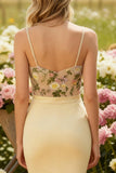 Champagne Spaghetti Straps Floral Mermaid Long Prom Dress