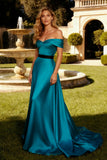 Peacock Blue Off the Shoulder A Line Long Prom Dress