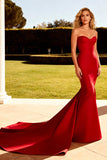 Red Satin Strapless Mermaid Long Prom Dress