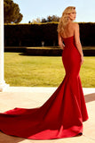 Red Satin Strapless Mermaid Long Prom Dress