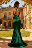 Dark Green High Neck Satin Mermaid Long Prom Dress