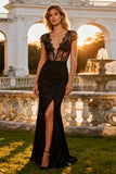 Black Mermaid V Neck Corset Long Prom Dress with Slit