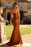 Burnt Orange Satin Mermaid Strapless Long Prom Dress