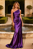 Purple Satin One Shoulder Mermaid Long Prom Dress with Sash