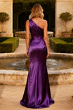 Purple Satin One Shoulder Mermaid Long Prom Dress with Sash