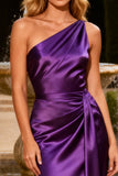 Purple Satin One Shoulder Mermaid Long Prom Dress with Sash