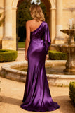 Purple One Shoulder Satin Mermaid Long Prom Dress