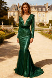 Sparkly Dark Green V Neck Sequin Mermaid Long Prom Dress