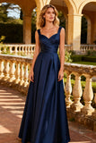 Navy Satin Thick Straps A Line Long Prom Dress
