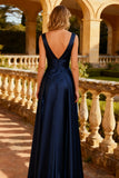 Navy Satin Thick Straps A Line Long Prom Dress