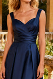 Navy Satin Thick Straps A Line Long Prom Dress