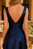 Navy Satin Thick Straps A Line Long Prom Dress