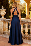 Navy Satin A Line Halter Long Prom Dress