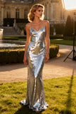 Sparkly Silver Sequin Spaghetti Straps Mermaid Long Prom Dress