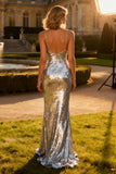 Sparkly Silver Sequin Spaghetti Straps Mermaid Long Prom Dress