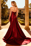 Burgundy Satin Mermaid Strapless Long Prom Dress with Cape