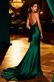 Dark Green Satin Mermaid Halter Long Prom Dress