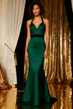 Dark Green Mermaid Halter Satin Long Prom Dress with Bows