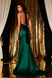 Dark Green Mermaid Halter Satin Long Prom Dress with Bows