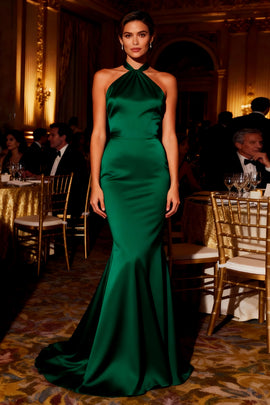 Dark Green Halter Mermaid Satin Long Prom Dress