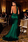 Dark Green Halter Mermaid Satin Long Prom Dress