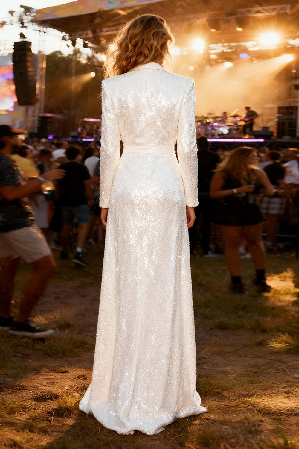 Sparkly White Sequin Shawl Lapel Long Blazer Prom Dress with Slit