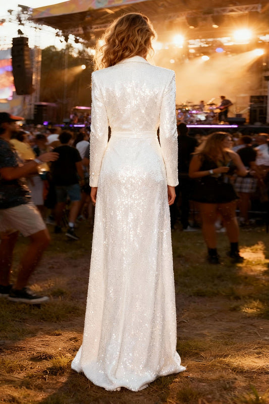 Sparkly White Sequin Shawl Lapel Long Blazer Prom Dress with Slit