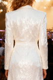 Sparkly White Sequin Shawl Lapel Long Blazer Prom Dress with Slit