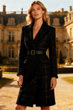 Black Midi Notched Lapel Tweed Blazer Dress with Belt