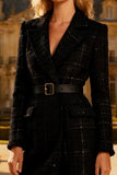 Black Midi Notched Lapel Tweed Blazer Dress with Belt