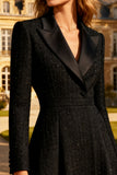 Black Peak Lapel A Line Midi Tweed Blazer Dress with Sleeves