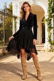 Black Notched Lapel Short Blazer Dress with Belt