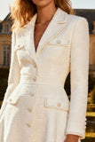 White Notched Lapel A Line Midi Blazer Dress with Buttons