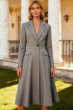 Grey Single Breasted Notched Lapel Midi Blazer Dress