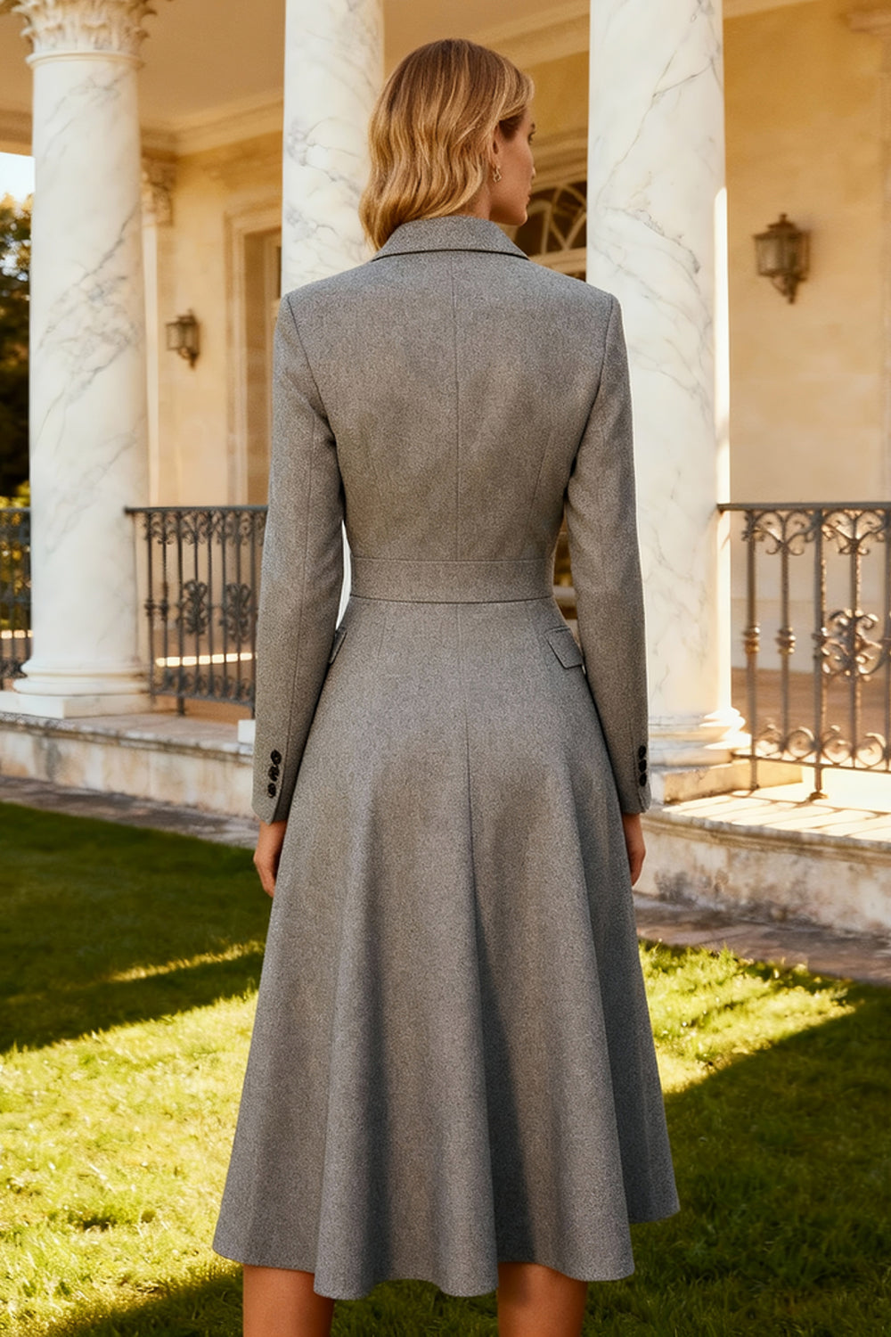 Grey Single Breasted Notched Lapel Midi Blazer Dress