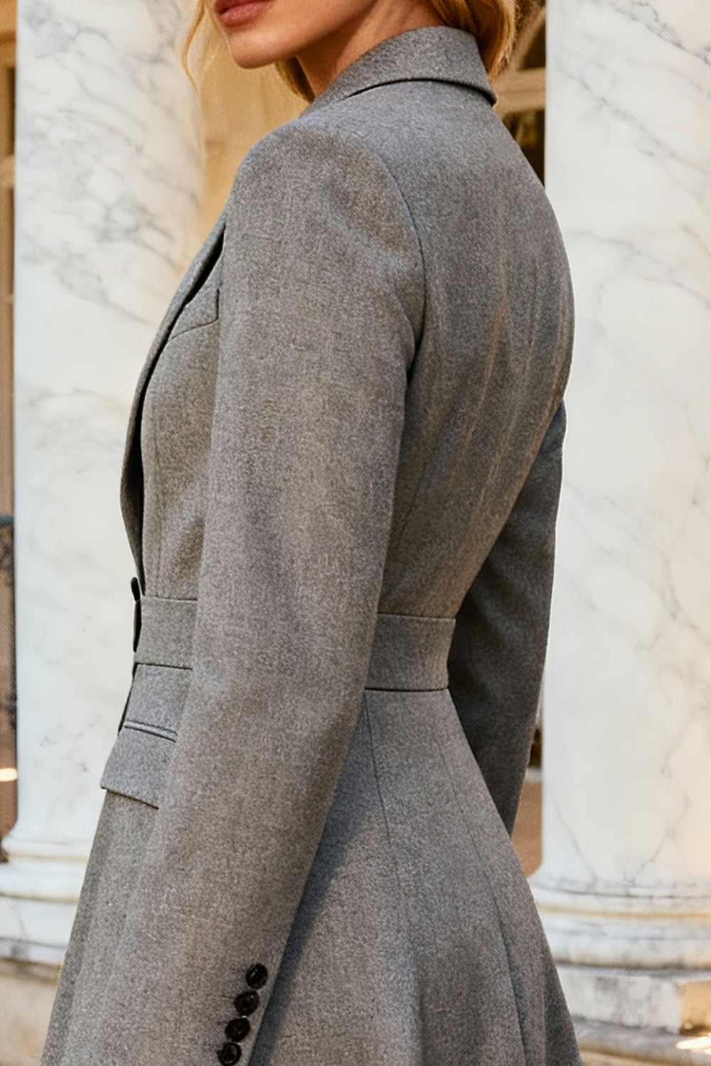 Grey Single Breasted Notched Lapel Midi Blazer Dress