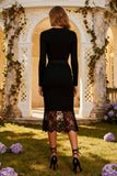 Black Bodycon Long Sleeves Midi Semi Formal Dress with Lace