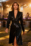 Sparkly Black Sequin Notched Lapel Midi Blazer Dress with Sleeves