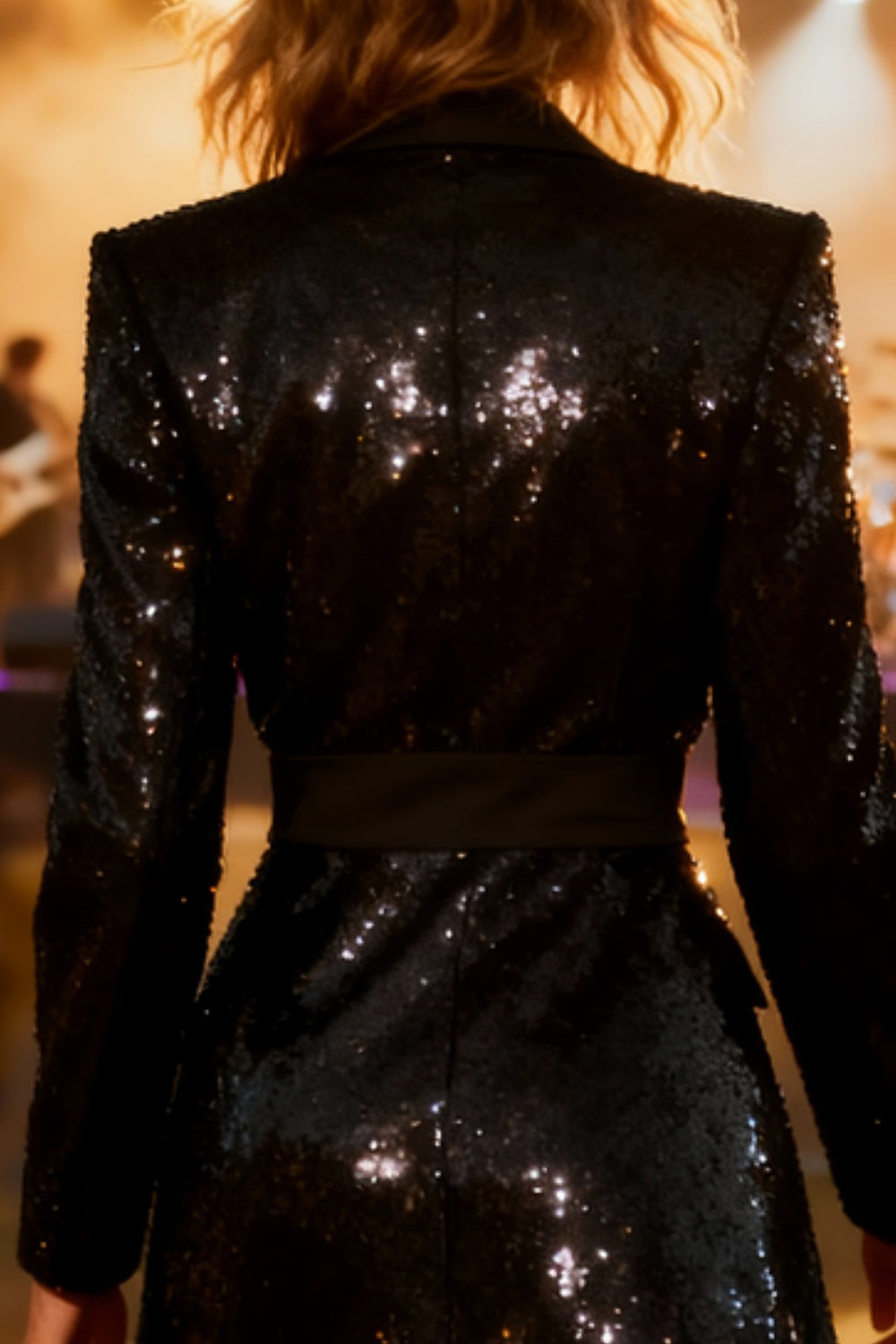 Sparkly Black Sequin Notched Lapel Midi Blazer Dress with Sleeves
