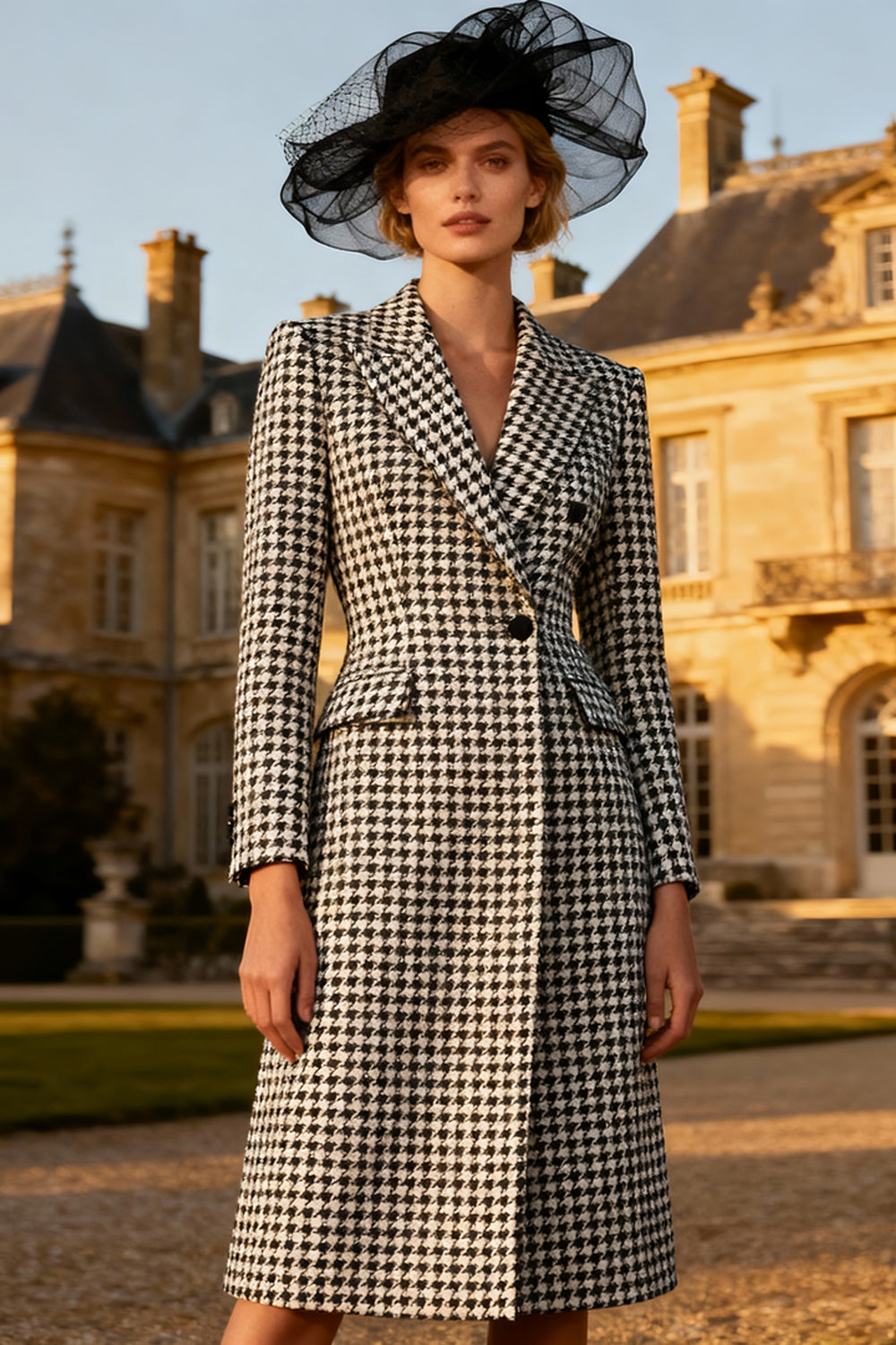 Black and White Peak Lapel Gingham Midi Blazer Dress with Buttons