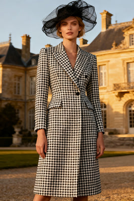 Black and White Peak Lapel Gingham Midi Blazer Dress with Buttons
