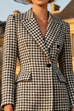 Black and White Peak Lapel Gingham Midi Blazer Dress with Buttons