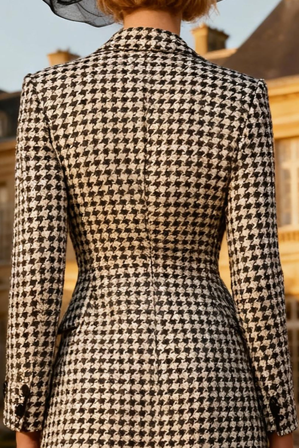 Black and White Peak Lapel Gingham Midi Blazer Dress with Buttons