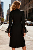Black Single Breasted Peak Lapel Midi Blazer Dress with Lace