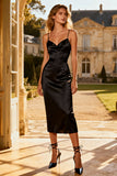 Black Spaghetti Straps Bodycon Midi Semi Formal Dress