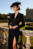 Black Peak Lapel Double Breasted Pencil Midi Blazer Dress with Slit