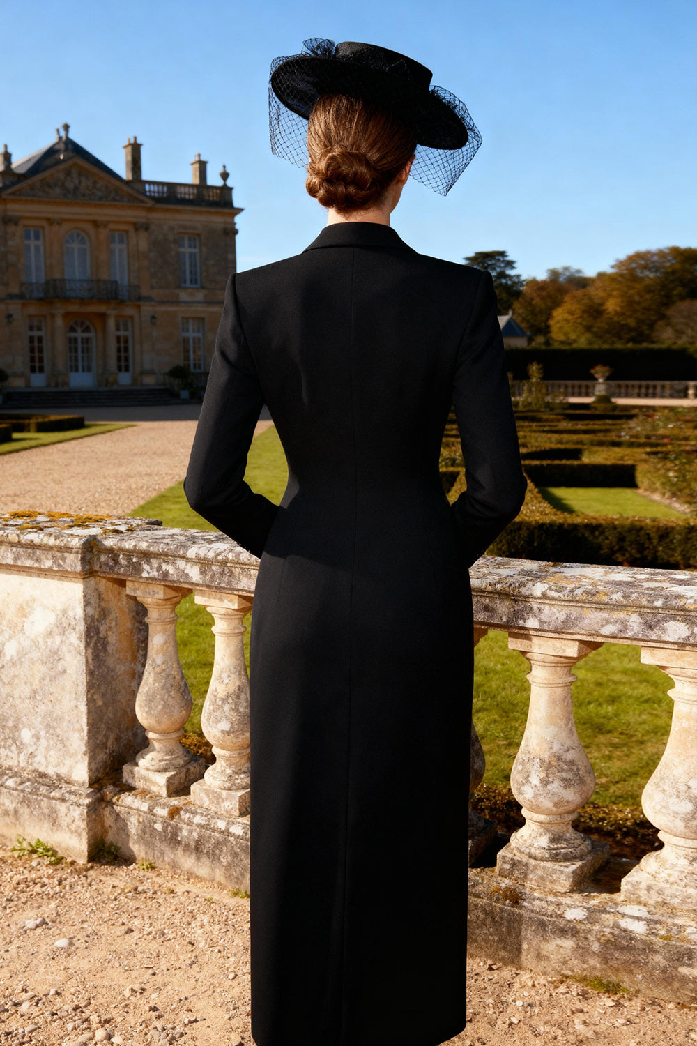 Black Peak Lapel Double Breasted Pencil Midi Blazer Dress with Slit