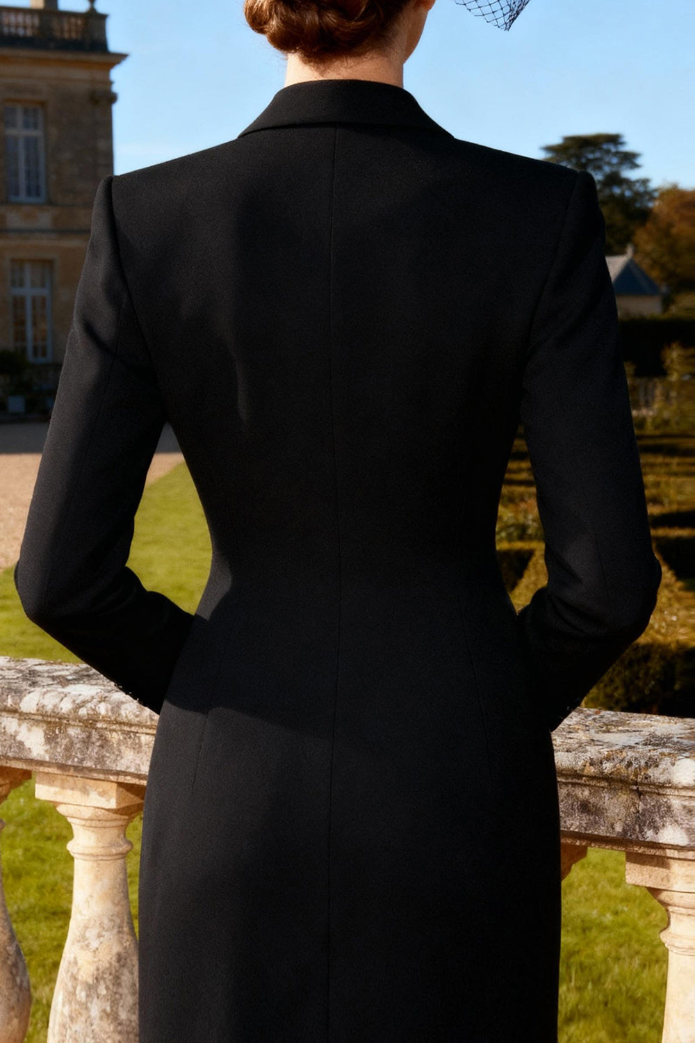 Black Peak Lapel Double Breasted Pencil Midi Blazer Dress with Slit