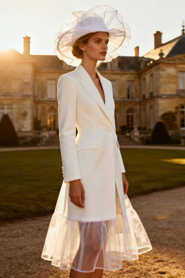 White A Line Peak Lapel Midi Blazer Wedding Dress