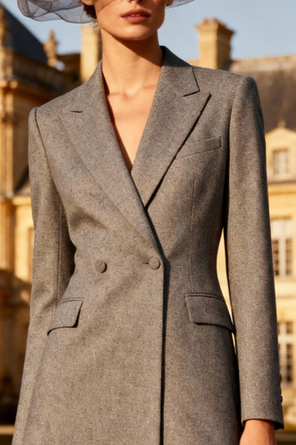 Grey Double Breasted Peak Lapel Midi Blazer Dress